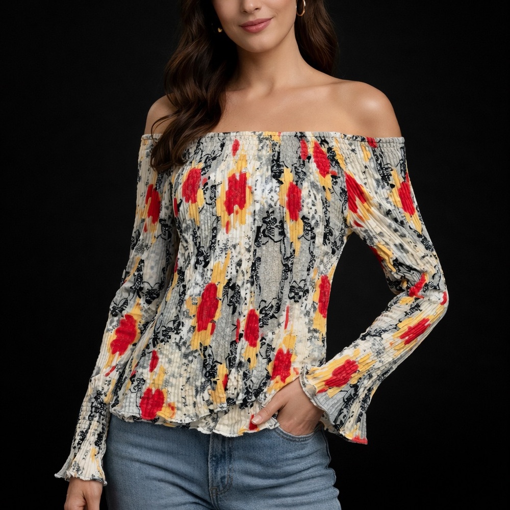 Dress U Black Tan Gray White Off-Shoulder Women's Top-sz L